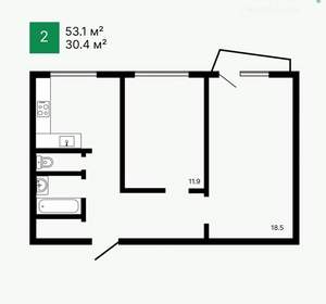 2-к квартира, вторичка, 53м2, 2/9 этаж