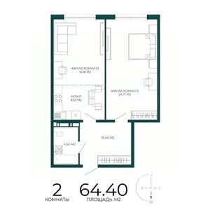 2-к квартира, вторичка, 64м2, 4/17 этаж