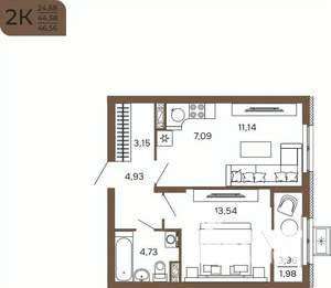2-к квартира, вторичка, 47м2, 2/17 этаж