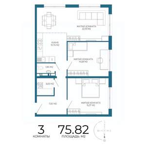 3-к квартира, строящийся дом, 76м2, 13/17 этаж