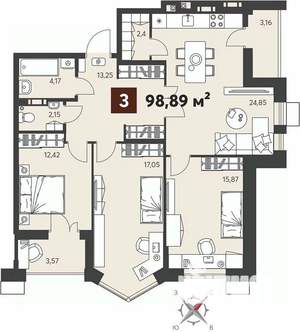 3-к квартира, вторичка, 99м2, 2/18 этаж