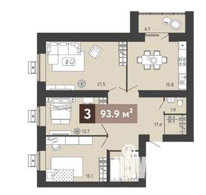 3-к квартира, вторичка, 94м2, 4/17 этаж