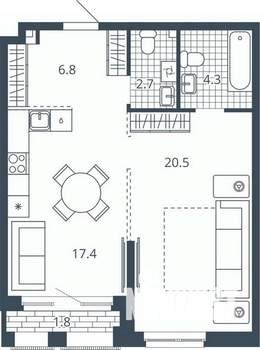1-к квартира, вторичка, 54м2, 6/24 этаж