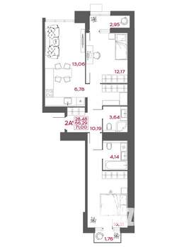 2-к квартира, вторичка, 71м2, 3/14 этаж
