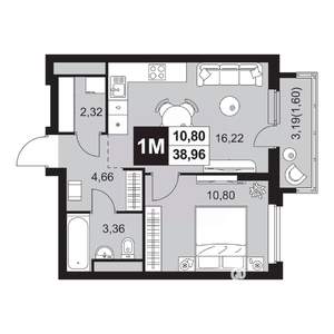 2-к квартира, вторичка, 39м2, 8/20 этаж