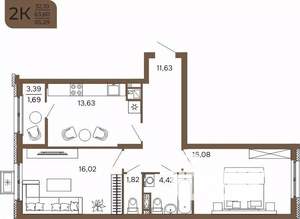 2-к квартира, вторичка, 65м2, 6/17 этаж