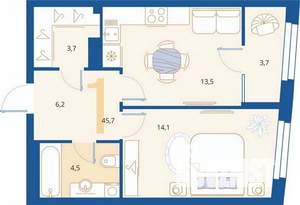 1-к квартира, вторичка, 46м2, 2/16 этаж