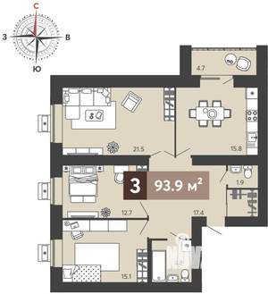 3-к квартира, вторичка, 94м2, 8/17 этаж