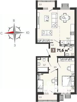 3-к квартира, вторичка, 72м2, 4/16 этаж