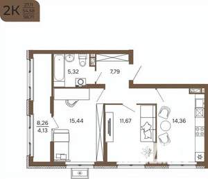 2-к квартира, вторичка, 59м2, 9/17 этаж