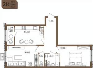 2-к квартира, вторичка, 65м2, 9/17 этаж