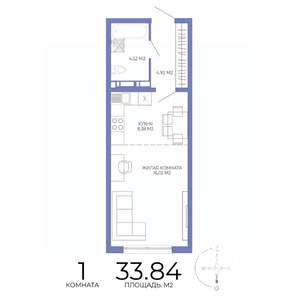 1-к квартира, строящийся дом, 34м2, 16/17 этаж