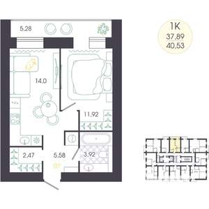1-к квартира, вторичка, 41м2, 12/16 этаж