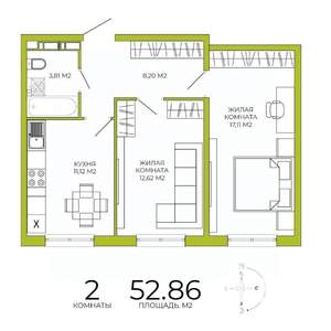 2-к квартира, строящийся дом, 53м2, 3/18 этаж