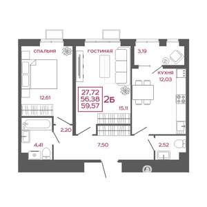 2-к квартира, вторичка, 60м2, 3/16 этаж