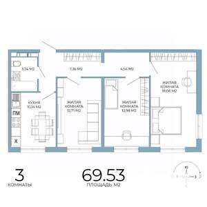 3-к квартира, строящийся дом, 70м2, 5/18 этаж
