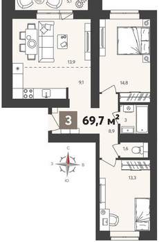 3-к квартира, вторичка, 70м2, 14/14 этаж