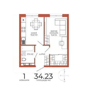 1-к квартира, вторичка, 34м2, 14/18 этаж
