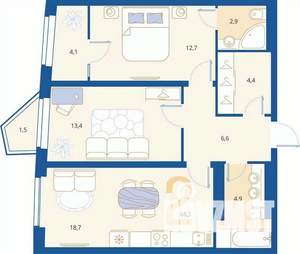 2-к квартира, вторичка, 69м2, 5/16 этаж