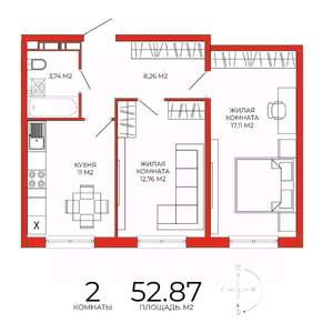 2-к квартира, строящийся дом, 53м2, 4/18 этаж