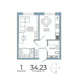 1-к квартира, строящийся дом, 34м2, 8/18 этаж