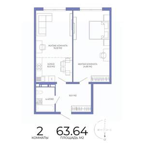 2-к квартира, строящийся дом, 64м2, 7/18 этаж