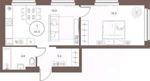 1-к квартира, вторичка, 45м2, 4/16 этаж
