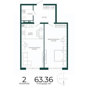 2-к квартира, строящийся дом, 63м2, 3/17 этаж