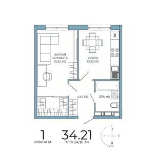 1-к квартира, строящийся дом, 34м2, 15/18 этаж