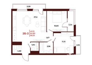 2-к квартира, вторичка, 66м2, 9/18 этаж