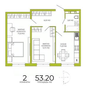 2-к квартира, строящийся дом, 53м2, 9/18 этаж
