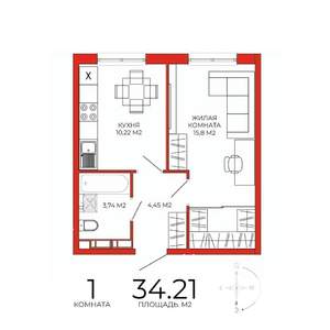 1-к квартира, строящийся дом, 34м2, 17/18 этаж