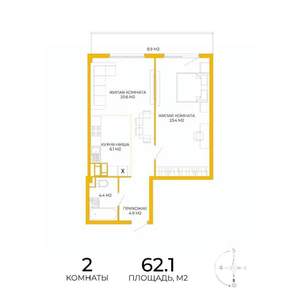 2-к квартира, вторичка, 62м2, 12/17 этаж