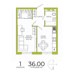 1-к квартира, строящийся дом, 36м2, 9/18 этаж
