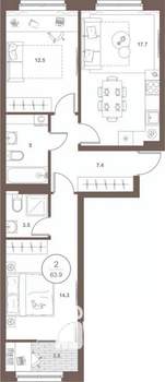 2-к квартира, вторичка, 64м2, 7/16 этаж