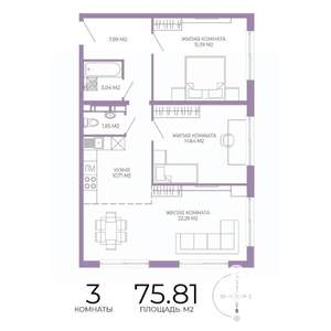 3-к квартира, строящийся дом, 76м2, 6/17 этаж