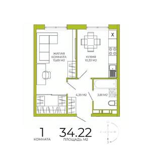 1-к квартира, строящийся дом, 34м2, 11/18 этаж