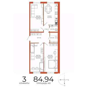 3-к квартира, строящийся дом, 85м2, 13/18 этаж