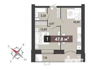 1-к квартира, строящийся дом, 48м2, 11/16 этаж