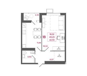 1-к квартира, вторичка, 43м2, 7/17 этаж