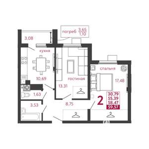 2-к квартира, вторичка, 60м2, 1/5 этаж