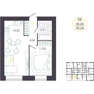 1-к квартира, строящийся дом, 39м2, 1/16 этаж