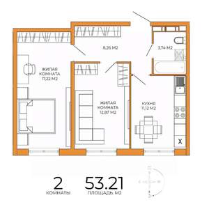 2-к квартира, строящийся дом, 53м2, 8/18 этаж