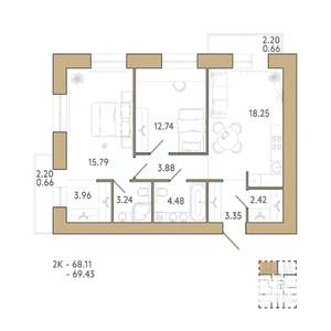 2-к квартира, вторичка, 69м2, 3/12 этаж