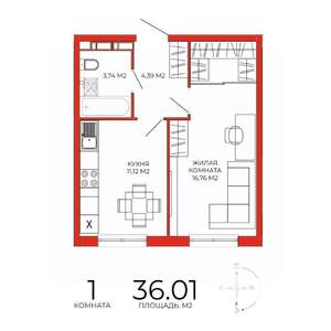 1-к квартира, строящийся дом, 36м2, 11/18 этаж