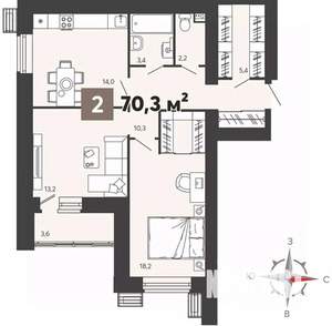 2-к квартира, вторичка, 70м2, 11/16 этаж