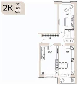 2-к квартира, вторичка, 70м2, 2/10 этаж