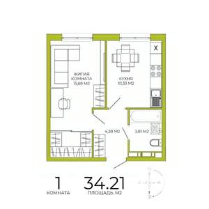 1-к квартира, строящийся дом, 34м2, 17/18 этаж