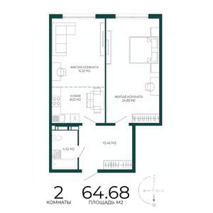 2-к квартира, строящийся дом, 65м2, 10/17 этаж