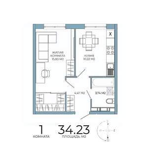 1-к квартира, строящийся дом, 34м2, 12/18 этаж